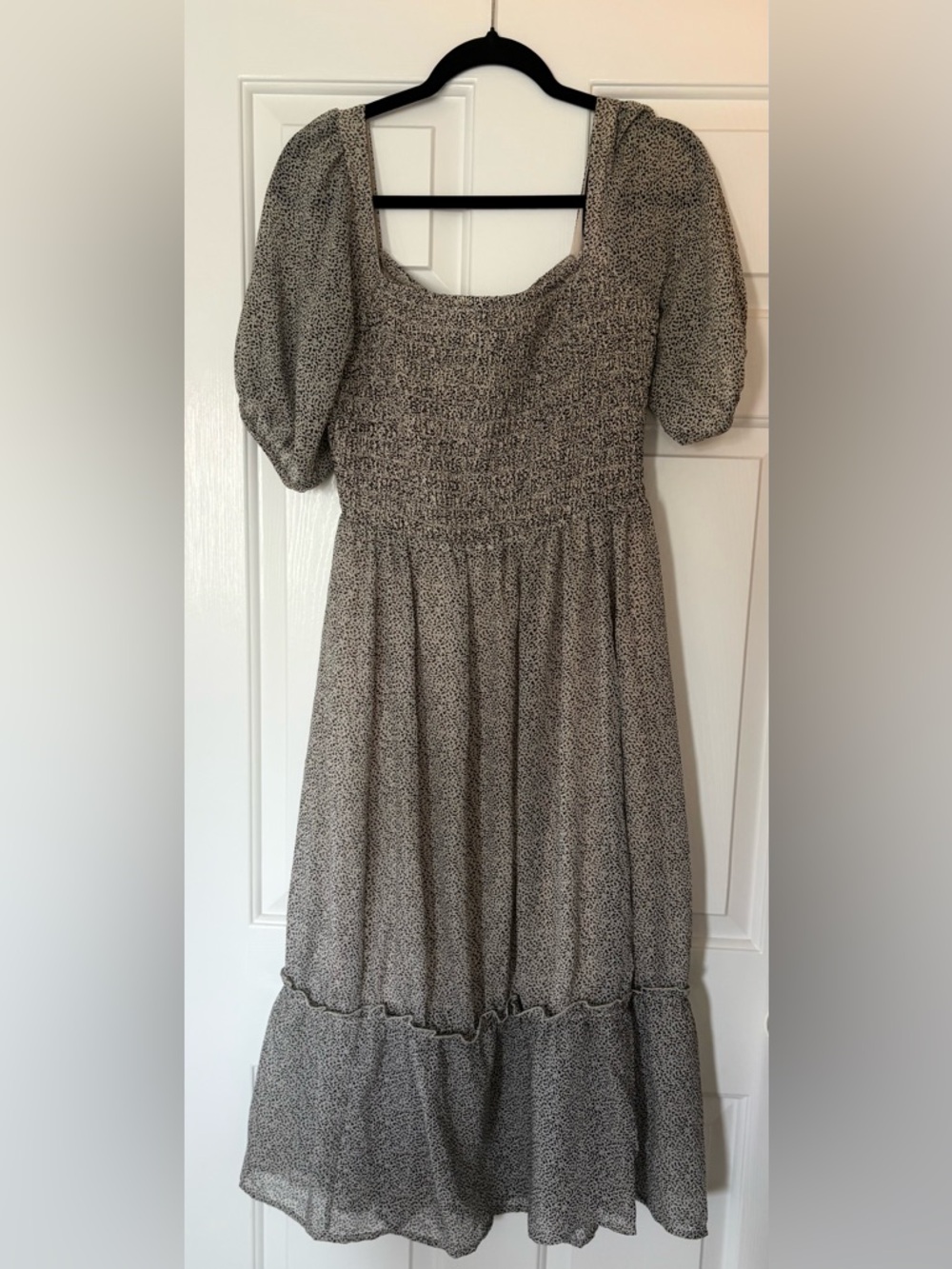 Smocked Puff Sleeve Midi Dress in Black and Cream
